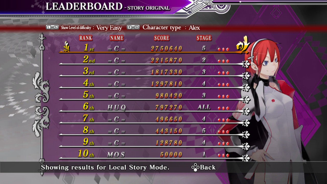 Screenshot: Caladrius Blaze local leaderboards of Story Original mode on Very Easy difficulty with character Alex showing HUQ at 6th place with a score of 797 279